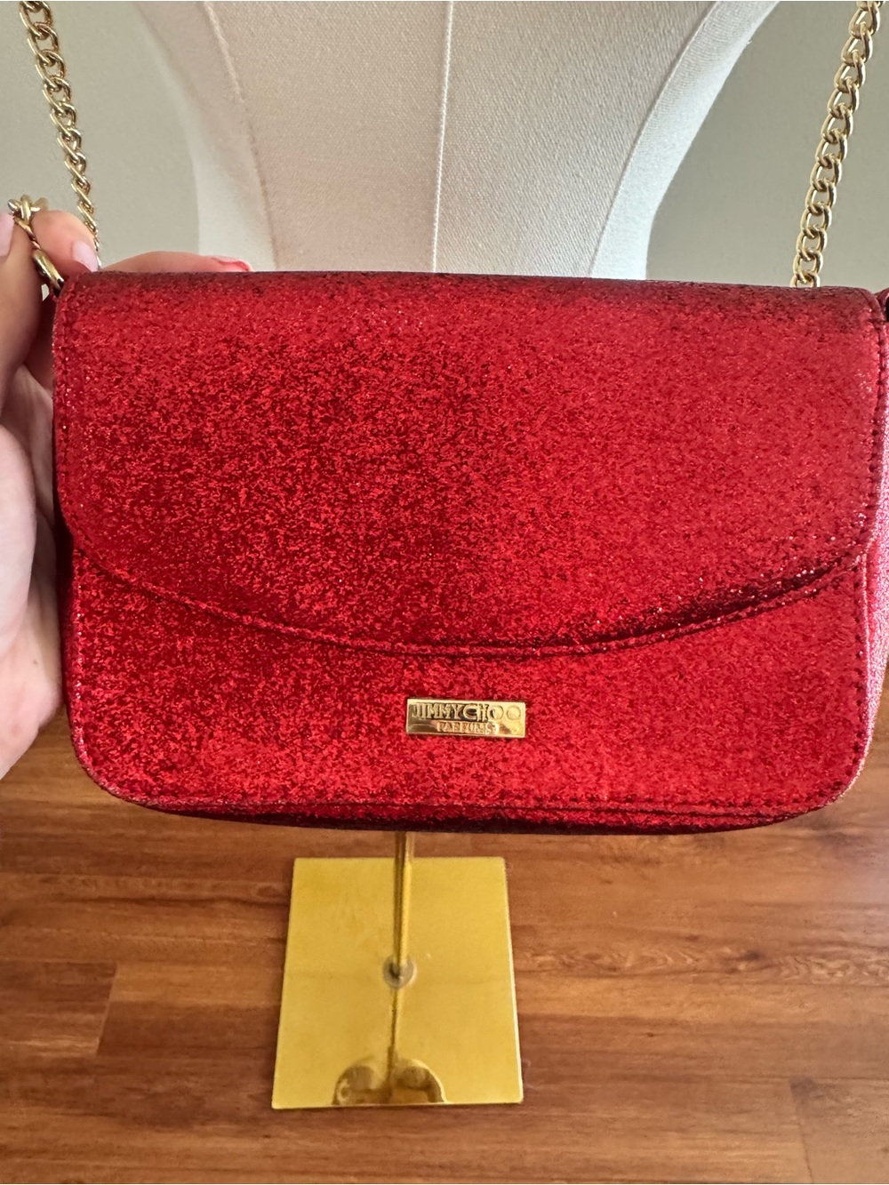 Jimmy Choo Parfumes Red Glitter Chain Crossbody Bag - Picture 6 of 12
